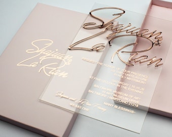 Luxury Rose Gold Acrylic Wedding Invitation Set – Foil, Custom Boxed, Elegant Design