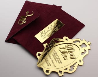 Luxury Burgundy Velvet Wedding Invitation with Gold Mirror Acrylic, 3D Engraved Monogram Invitation Suite