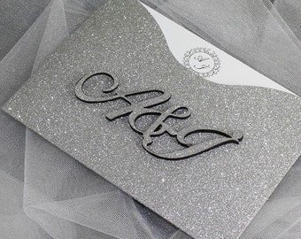 Silver Glitter Invitation, Personalized Glitter Invitation, Monogram Glitter Wedding Card, Unique Silver Invitation Card, Real Glitter