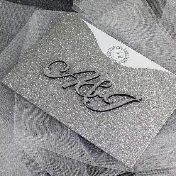 Silver Glitter Invitation, Personalized Glitter Invitation, Monogram Glitter Wedding Card, Unique Silver Invitation Card, Real Glitter