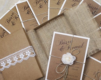 Rustic Burlap Boxed Wedding Invitations, Lace Wedding Invites, Rustic Invitations, Boxed invitations, White Rose Wedding Invitation, Eco Box