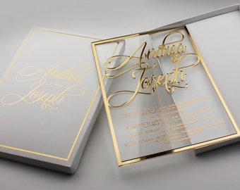 Klare Acryl Luxus Einladungen, 3D Einladung, transparente Einladung, klare Einladung, Spiegel HochzeitSeinladungen, Goldfolie gedruckte Einladungen