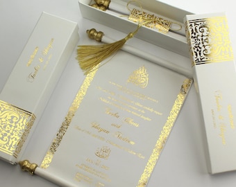 Luxury Gold Foil Scroll Wedding Invitation: Handmade Royal Boxed Invite
