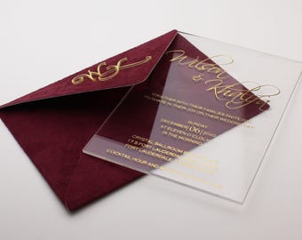 Acrylic Wedding Invitation with Velvet Envelope – Luxury Hot Foil Invite