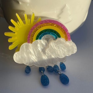 Acrylic rain cloud brooch, rainbow brooch, acrylic brooch