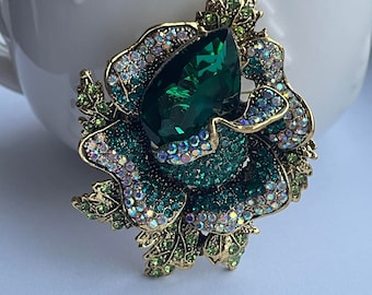 Broche grande de flores de estilo vintage con diamantes de imitación, broche de flores, broche grande, broche de flores con diamantes de imitación