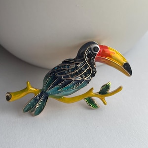Broche de tucano com strass, broche de tucano, broche de pássaro, broches para mulheres, broche de animal, presente de tucano