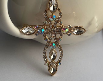 Aurora borealis rhinestone cross brooch, cross brooch, rhinestone cross brooch, cross jewellery, cross gift