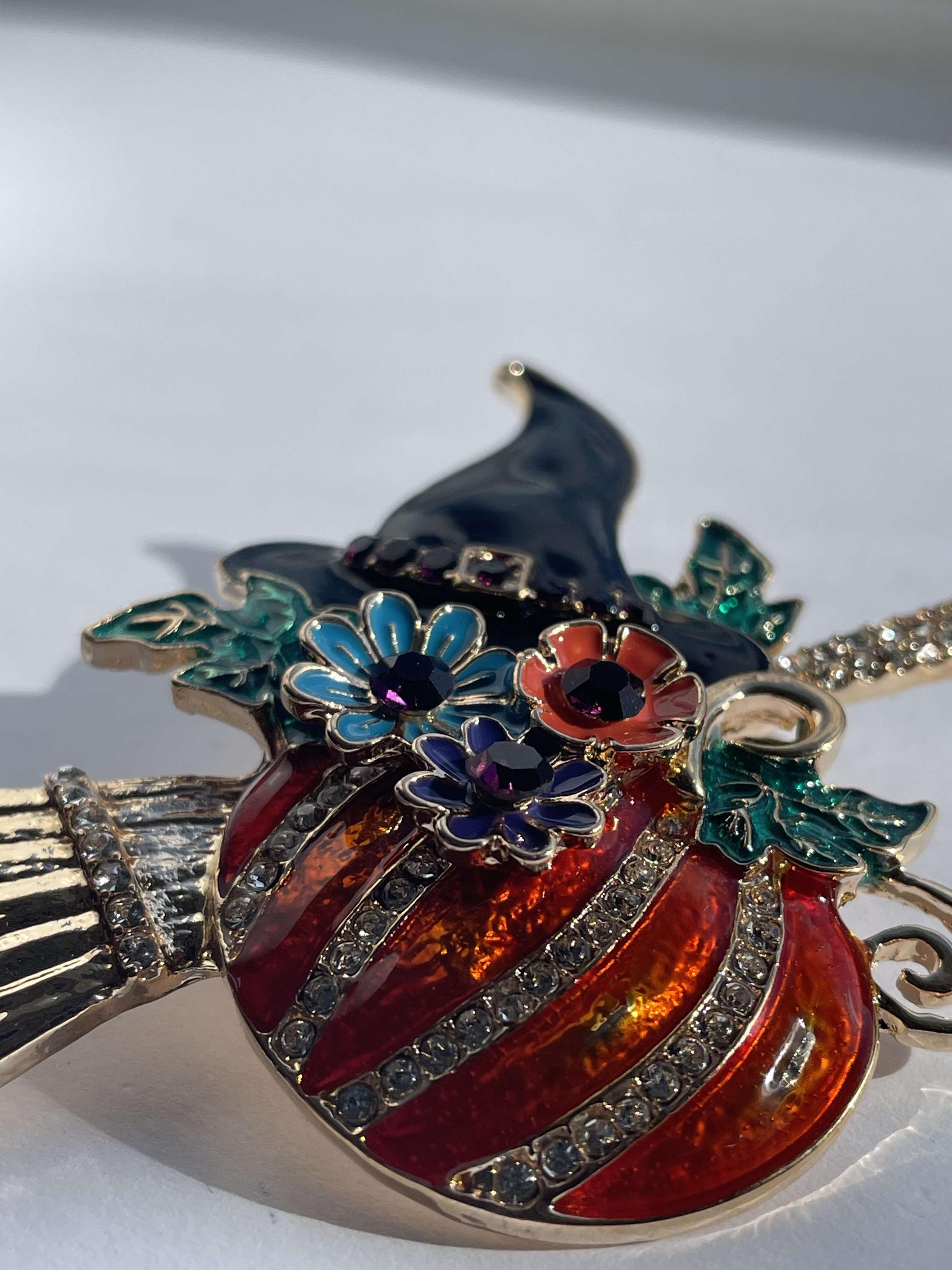 Spilla a forma di zucca con strass per Halloween, cappello da