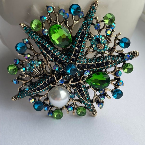 Vintage Starfish Brooch Pin With Purple Rhinestones & Pearl - Crystal Pendant Convertible