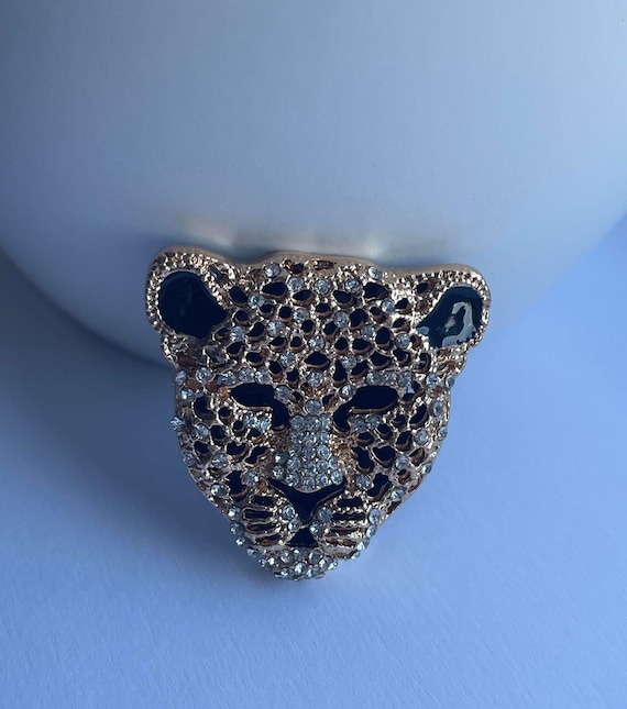 Rhinestone Leopard Brooch, Enamel Collar, Cat Jewelry