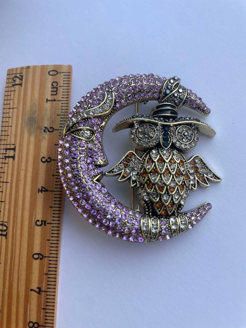 Pode incluir: Um broche dourado com uma lua crescente incrustada de cristais roxos e transparentes, com uma coruja usando um chap&eacute;u preto empoleirada no topo. A coruja tamb&eacute;m est&aacute; coberta de cristais.