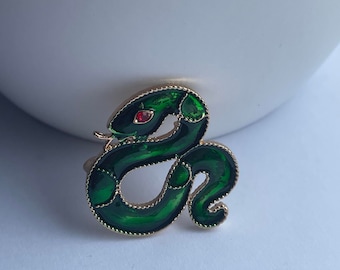 Green Enamel Snake Brooch, Rhinestone Eye, Jewelry Gift