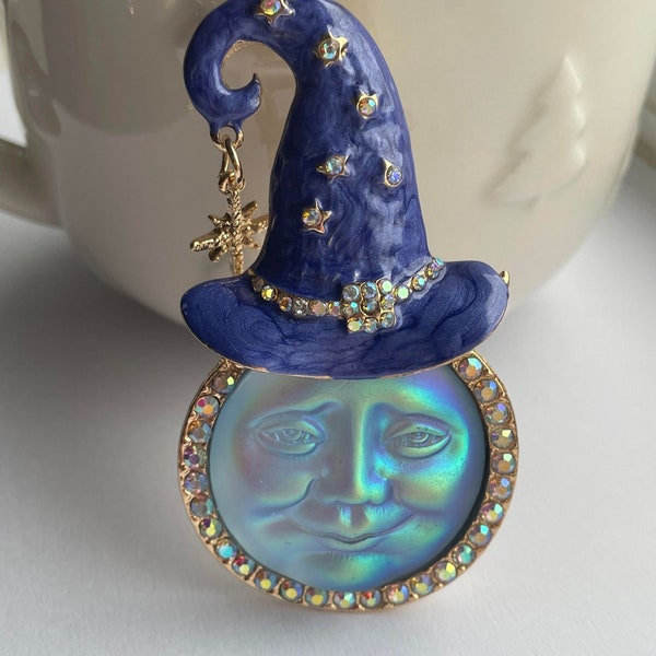 Celestial iridescent moon brooch, moon face brooch, moon brooch, moon jewellery, celestial jewellery