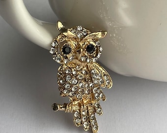 Uilenbroche met strasssteentjes, gouden uilensieraden