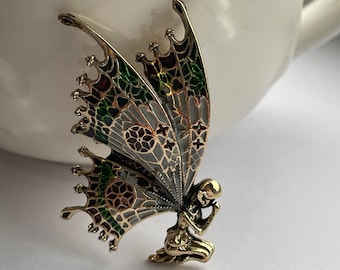 Broche de fada gótica, efeito vitral, joia de fada dourada