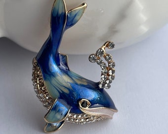 Rhinestone Whale Brooch, Enamel Ocean Jewelry