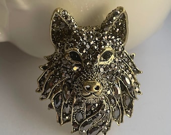Broche de lobo com strass, joia de animal