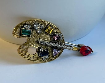 Rhinestone Artist Palette Brooch, Art Lapel Pin