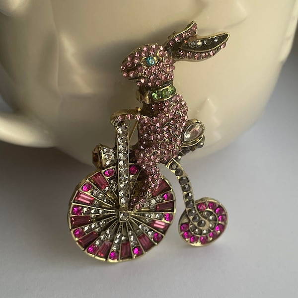 Rhinestone rabbit riding a bike brooch, rabbit brooch, bike brooch, animal brooches, easter brooch, easter bonnet making