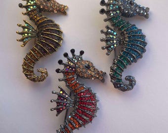 Rhinestone Seahorse Brooch, Jeweled Lapel Pin