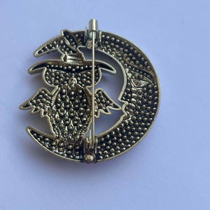 Pode incluir: Um broche prateado com uma coruja com um chap&eacute;u de bruxa empoleirado em uma lua crescente.