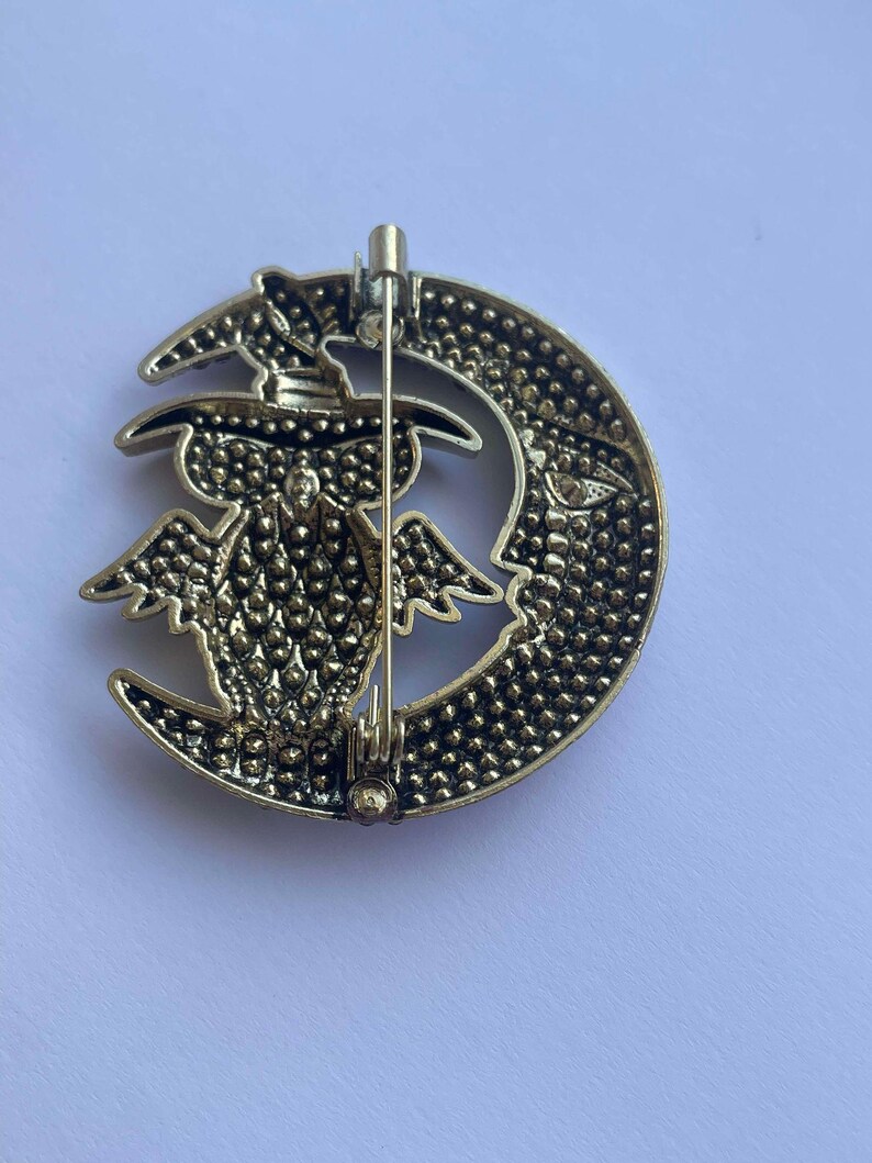 Pode incluir: Um broche prateado com uma coruja com um chap&eacute;u de bruxa empoleirado em uma lua crescente.