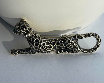 Rhinestone and enamel leopard brooch, leopard brooch, leopard jewellery, leopard gift, cat brooch, big cat lover, black leopard brooch