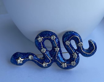 Blue Starry Rhinestone Snake Brooch, Large Statement Jewelry