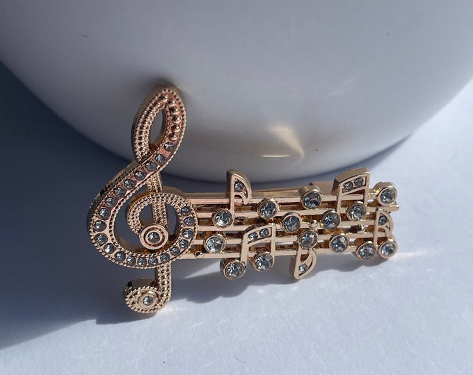 Golden Music Notes Brooch with Rhinestones