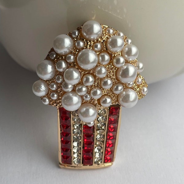 Rhinestone and faux pearls popcorn brooch, popcorn brooch, popcorn jewellery, popcorn gift, pearl brooch, pearl jewellery