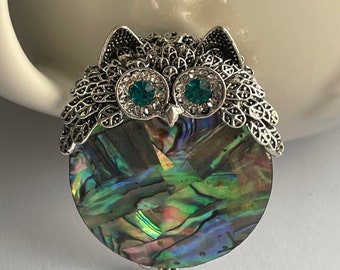 Abalone shell owl brooch, owl brooch, owl jewellery, abalone shell brooch, abalone shell jewellery