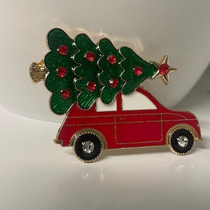 Emaille Mini Cooper kerstboombroche met strass-wieltjes