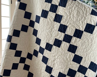 Irish Chain Quilt, Nine Patch Quilt, Vintage Quilt, Navy and Irish Chain Quilt, Nine Patch Quilt, Vintage Quilt, Navy and