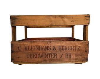 Vecchia cassa di birra, Kleinhans & Eckertz, cassa di legno per bottiglie di birra e vino, cassa di legno con griglia in ferro, cassa di birra vintage