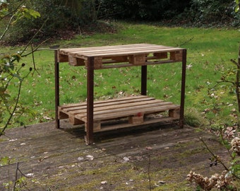 Mesa de cultivo, escuadras para palets europeos, mesa de palets, bancal elevado, estante de jardín, escuadras para palets, escuadras de hierro, estructura de palets con patas, bricolaje