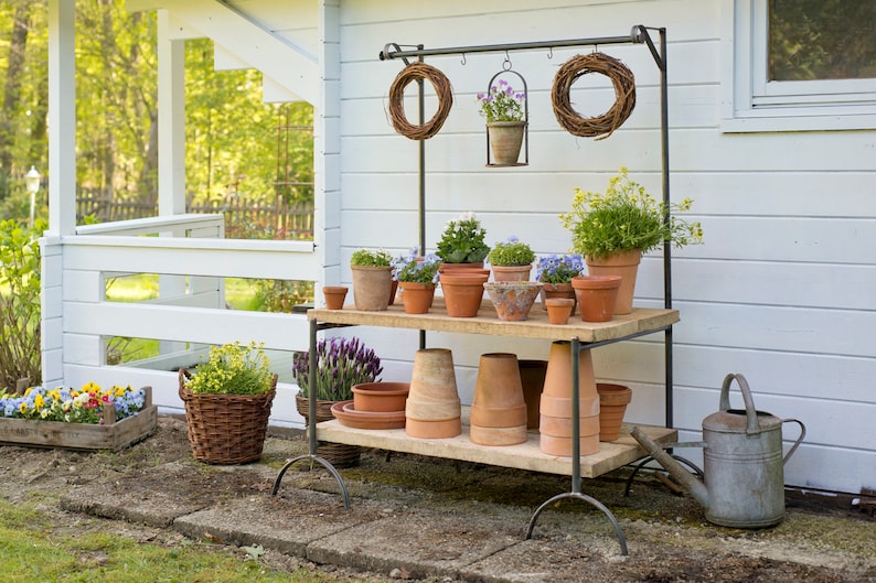 Flower bench trestles and wood, plant table, garden, DIY, potted garden, garden decoration, Mother's Day, herb garden, vegetable garden, perennials image 1