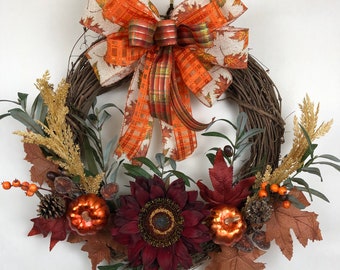 Red Sunflower and Copper Pumpkin Grapevine Wreath