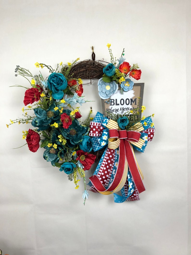 Beautiful Blooming Turquoise Cottage Rose and Red Poppy Grapevine Wreath