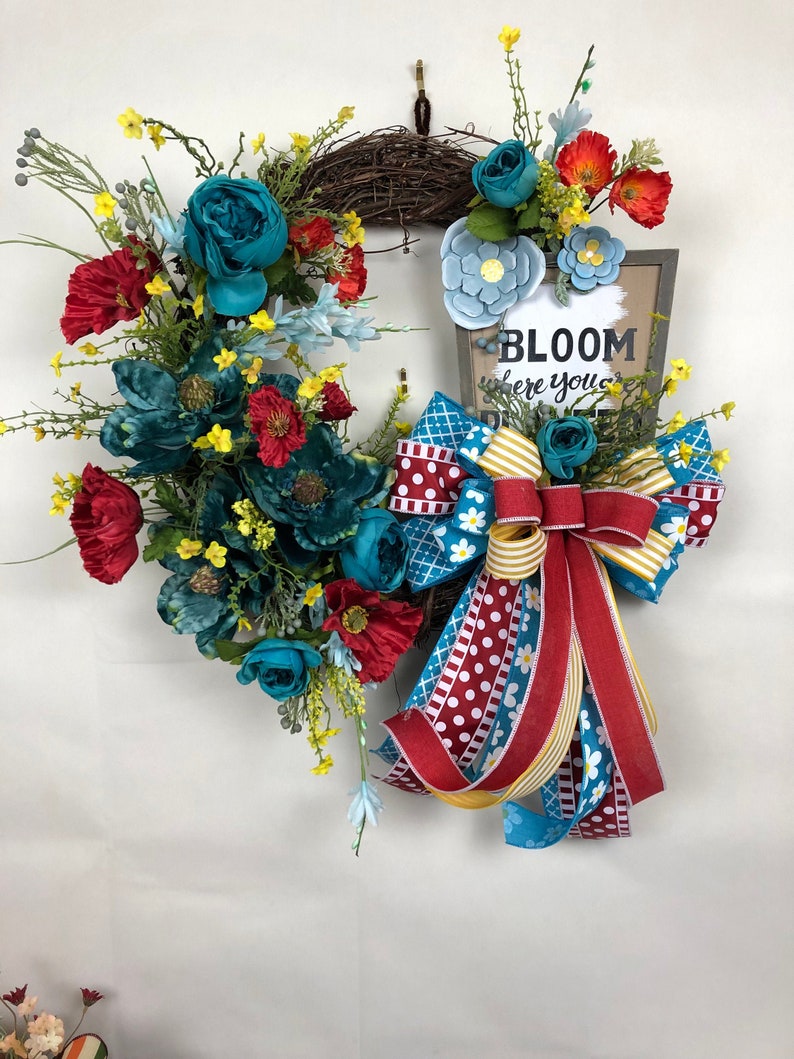 Beautiful Blooming Turquoise Cottage Rose and Red Poppy Grapevine Wreath