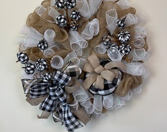 Black and White Buffalo Plaid Pumpkin Wreath