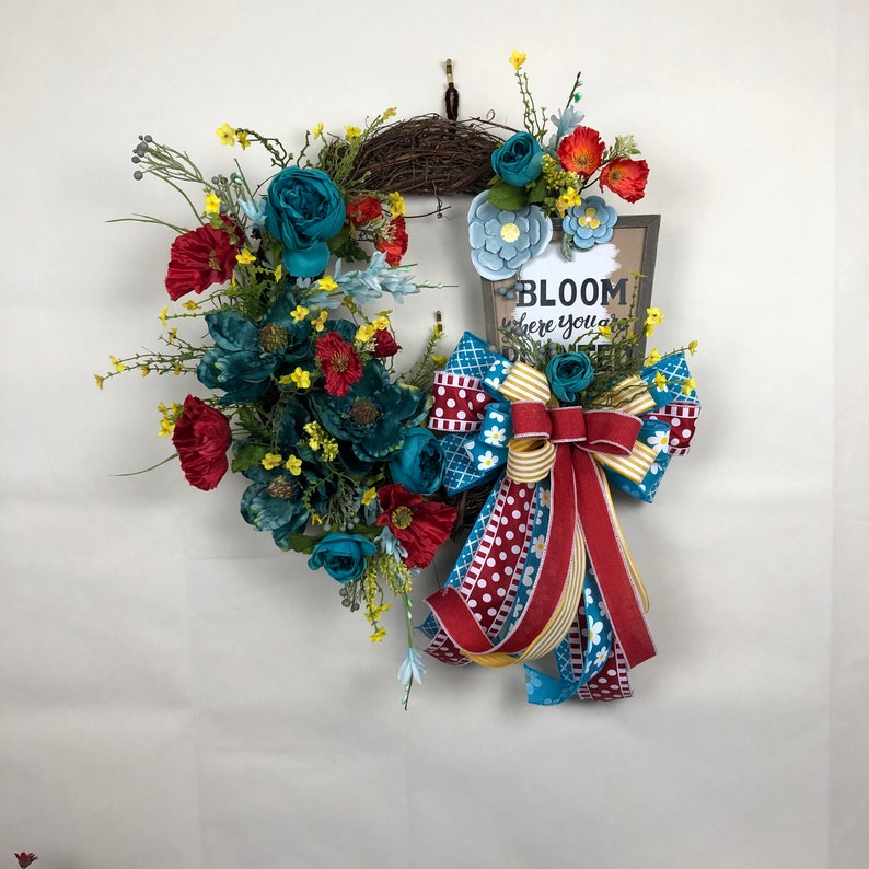 Beautiful Blooming Turquoise Cottage Rose and Red Poppy Grapevine Wreath