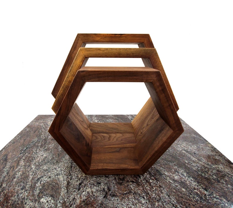 Set of 3 Hexagon Shadow Boxes Made of Rustic Walnut Etsy