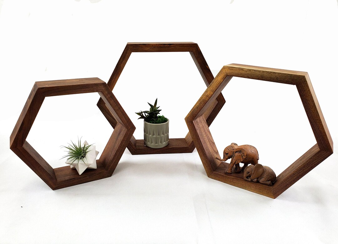 Set of 3 Hexagon Shadow Boxes Made of Rustic Walnut Etsy