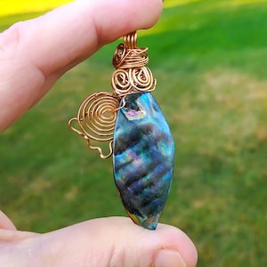 Rainbow Titanium Shell Wire Wrapped Pendant, Boho Necklace, Crystal Jewelry, Gift for Him, Gift for Her