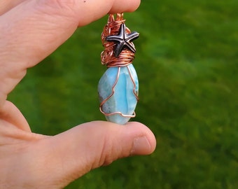 Larimar Anhaenger, Kupferdraht Gewickelt mit Seestern Charm