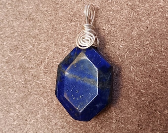 Wire Wrapped Lapis Lazuli Pendant, Silver-Filled Copper, Hippie Jewelry