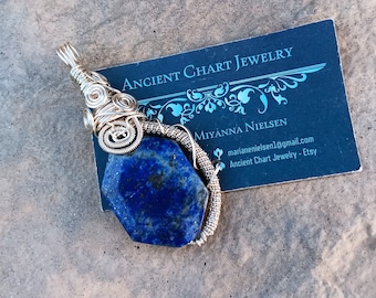Lapis Lazuli Wire Wrapped Pendant, Silver Plated Boho Necklace