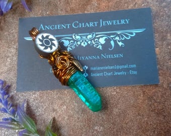 Green Quartz Crystal Pendant, Bronze Wire Wrapped Necklace, Sun & Leaf Charm