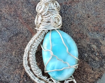 Larimar Anhänger, Silberdraht gewickelt, Boho Kristall Halskette